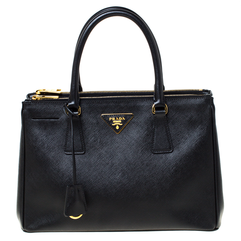 Pre Owned Prada Black Saffiano Lux Leather Double Zip Tote