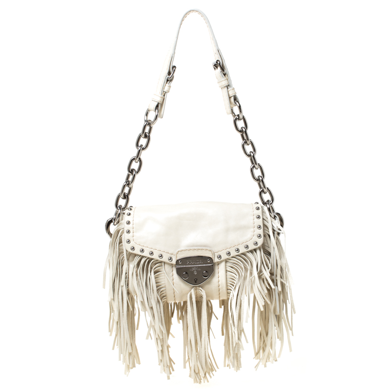 Prada Cream Vitello Shine Leather Fringe Shoulder Bag Prada | TLC