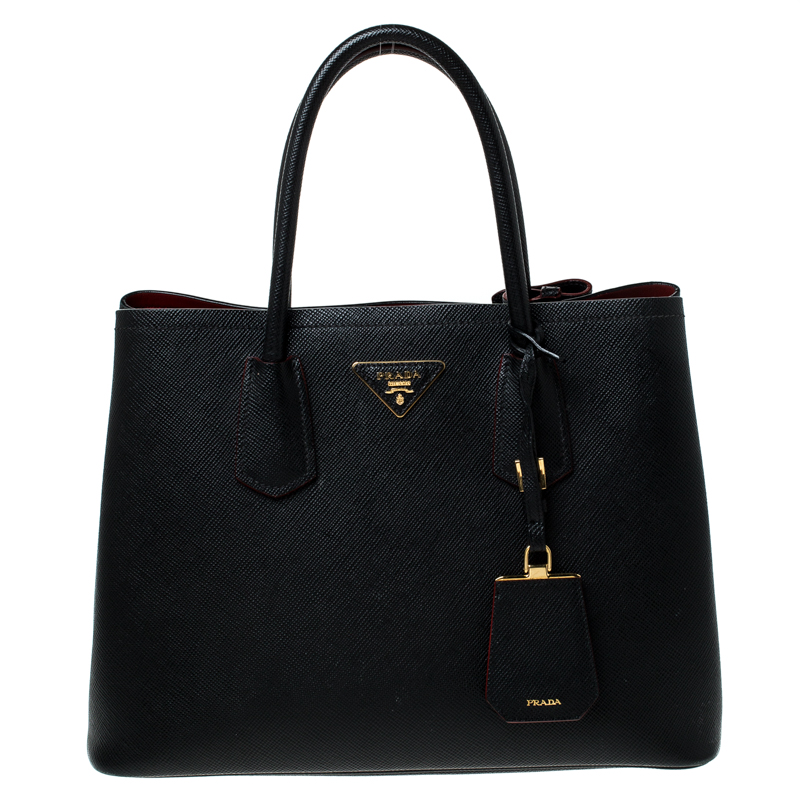 Pre Owned Prada Black Saffiano Cuir Leather Medium Double Handle Tote