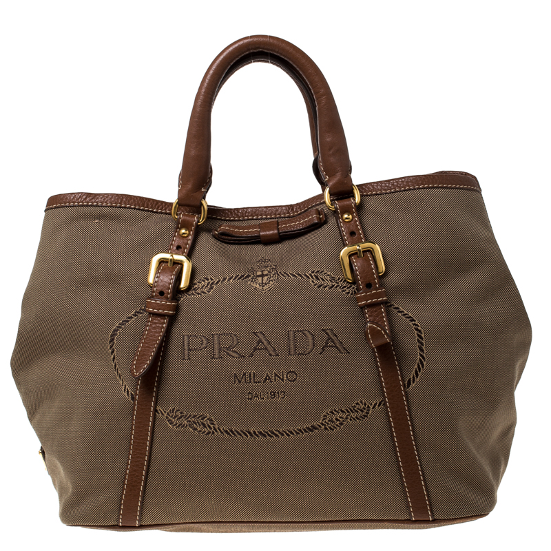 Pre Owned Prada Khaki Canvas and Leather Jacquard Logo Tote