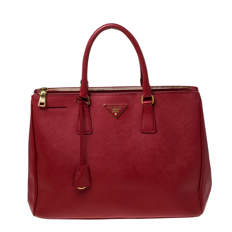 Pre Owned Prada Red Saffiano Lux Leather Large Double Zip Tote