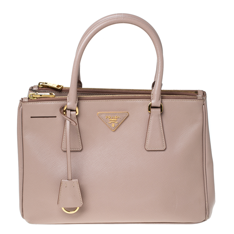 Pre Owned Prada Beige Saffiano Lux Leather Small Double Zip Tote 