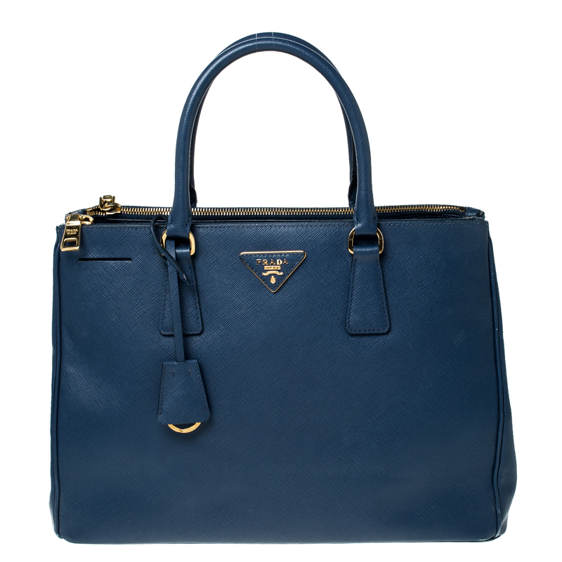 Pre Owned Prada Blue Saffiano Lux Leather Medium Double Zip Tote