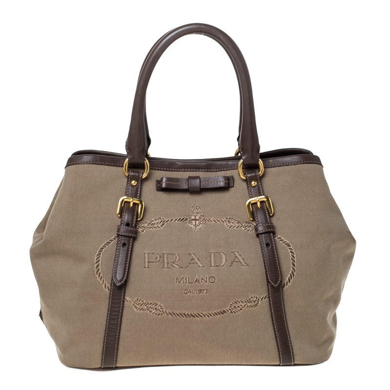 Pre Owned Prada Beige/Brown Jacquard Logo Canvas Bow Shoulder Bag