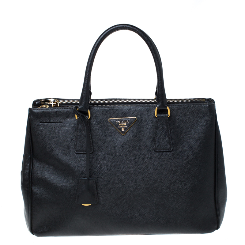 Pre Owned Prada Black Saffiano Leather Medium Double Zip Tote
