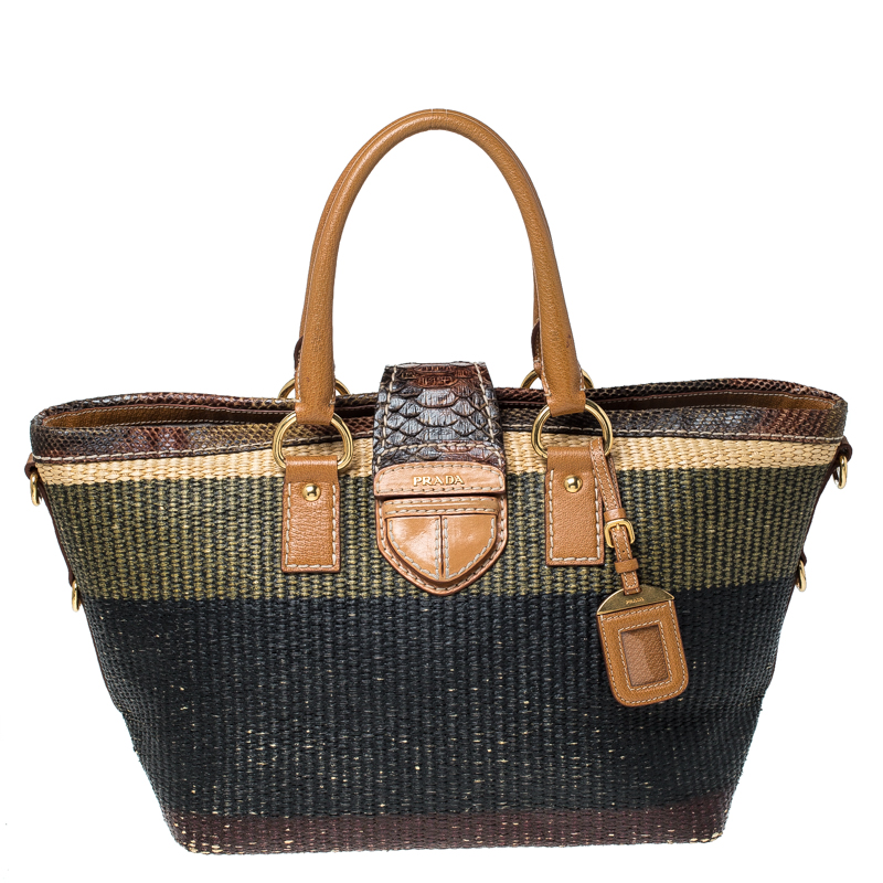 Pre Owned Prada Multicolor Woven Raffia and Python Leather Shoulder Bag