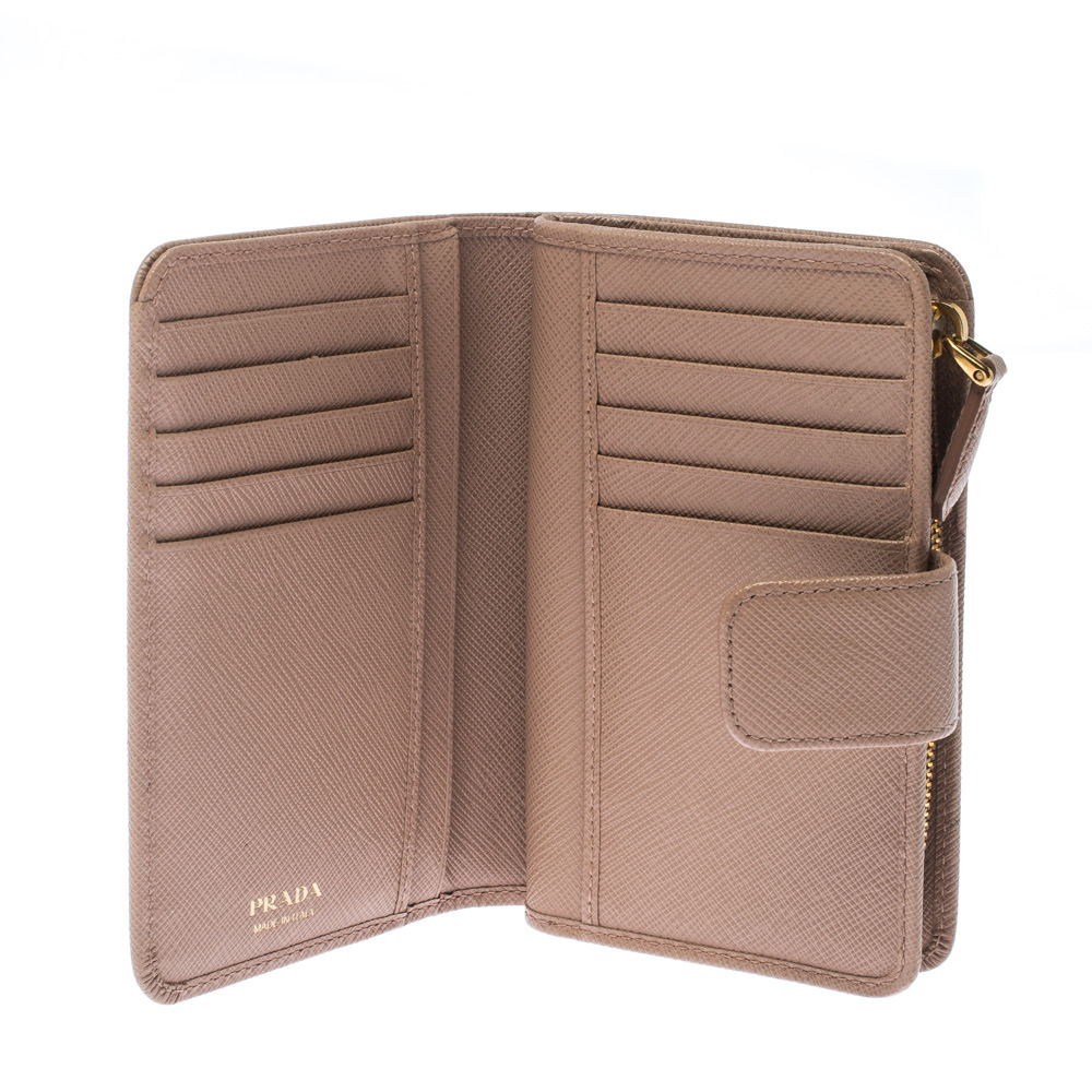

Prada Beige Saffiano Leather Zip Around Compact Wallet