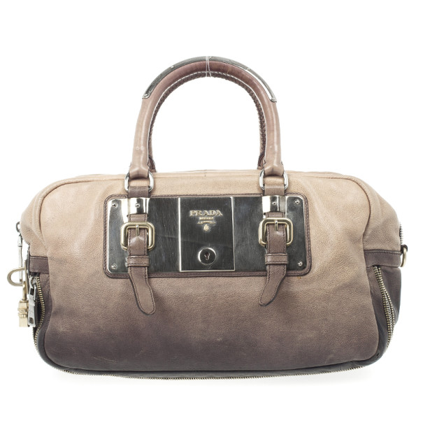Pre Owned Prada Beige &amp; Brown Ombre Glace Leather Zippers Satchel Bag 
