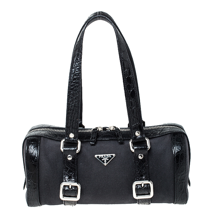 Pre Owned Prada Black Canvas and Crocodile Leather Satchel