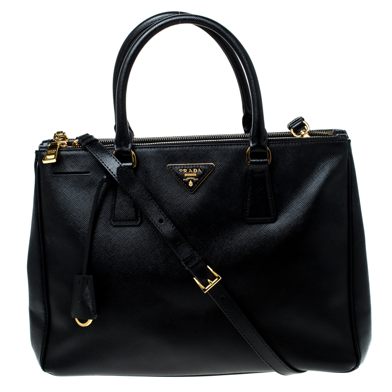 Pre Owned Prada Black Saffiano Leather Medium Double Zip Tote
