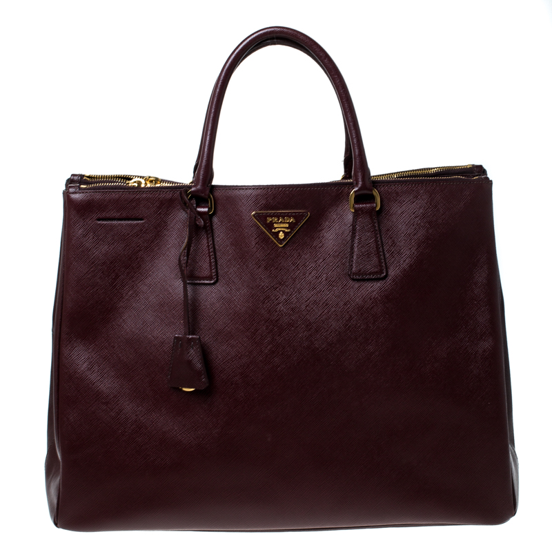 Pre Owned Prada Burgundy Saffiano Leather Executive Double Zip Tote