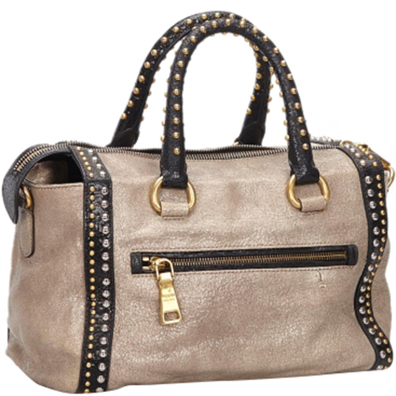 

Prada Beige Craquele Leather Studded Bauletto Satchel Bag