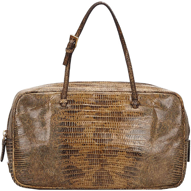 Pre Owned Prada Brown Crocodile Embossed Leather Top Handle Bag