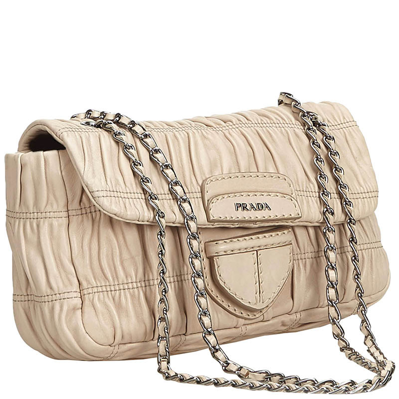 

Prada Brown/Beige Gathered Leather Chain Baguette