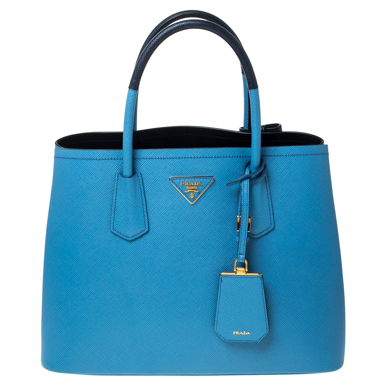 Pre Owned Prada Blue Saffiano Cuir Leather Medium Convertible Tote
