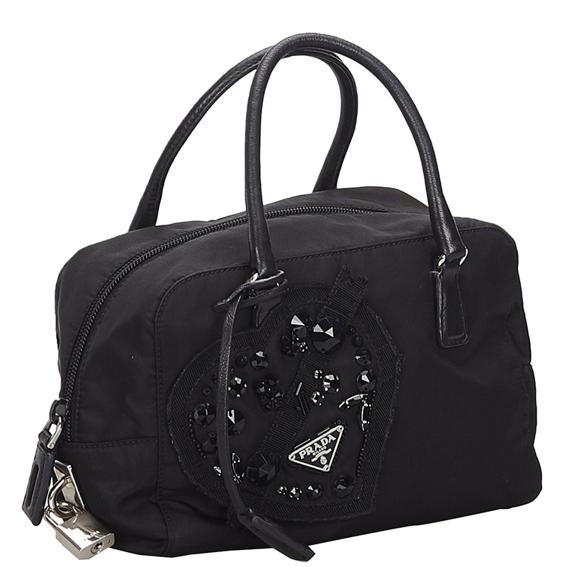 

Prada Black Embroidered Nylon Satchel