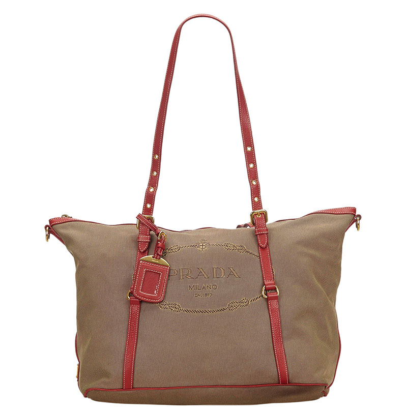 Pre Owned Prada Brown/Red Canapa Canvas Shoulder Bag