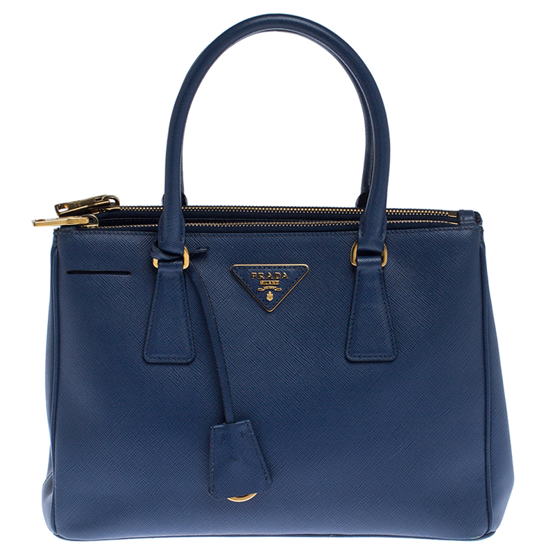 Pre Owned Prada Blue Saffiano Lux Leather Small Double Zip Tote