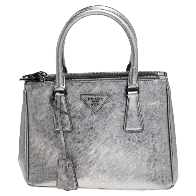Pre Owned Prada Silver Saffiano Lux Leather Mini Double Zip Tote