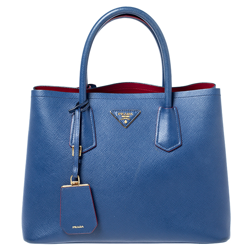 Pre Owned Prada Blue Saffiano Cuir Leather Double Handle Tote