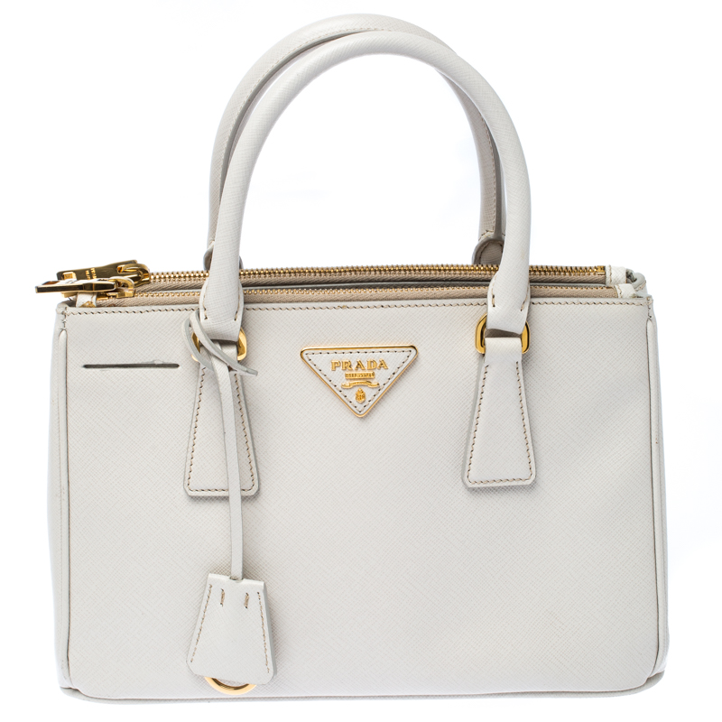 Prada White Saffiano Lux Leather Mini Galleria Double Zip Tote