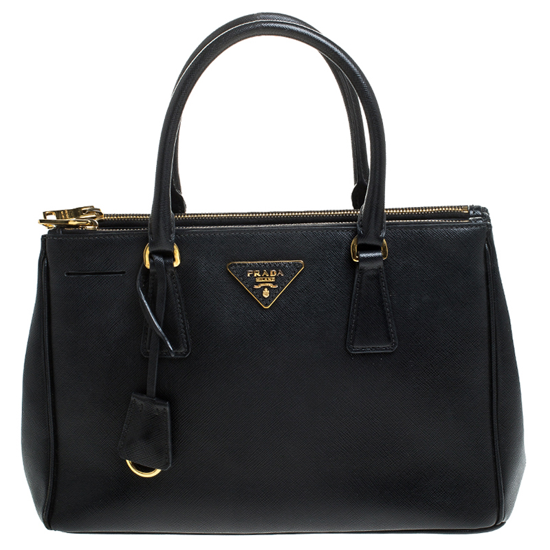 Pre Owned Prada Black Saffiano Lux Leather Small Double Zip Tote