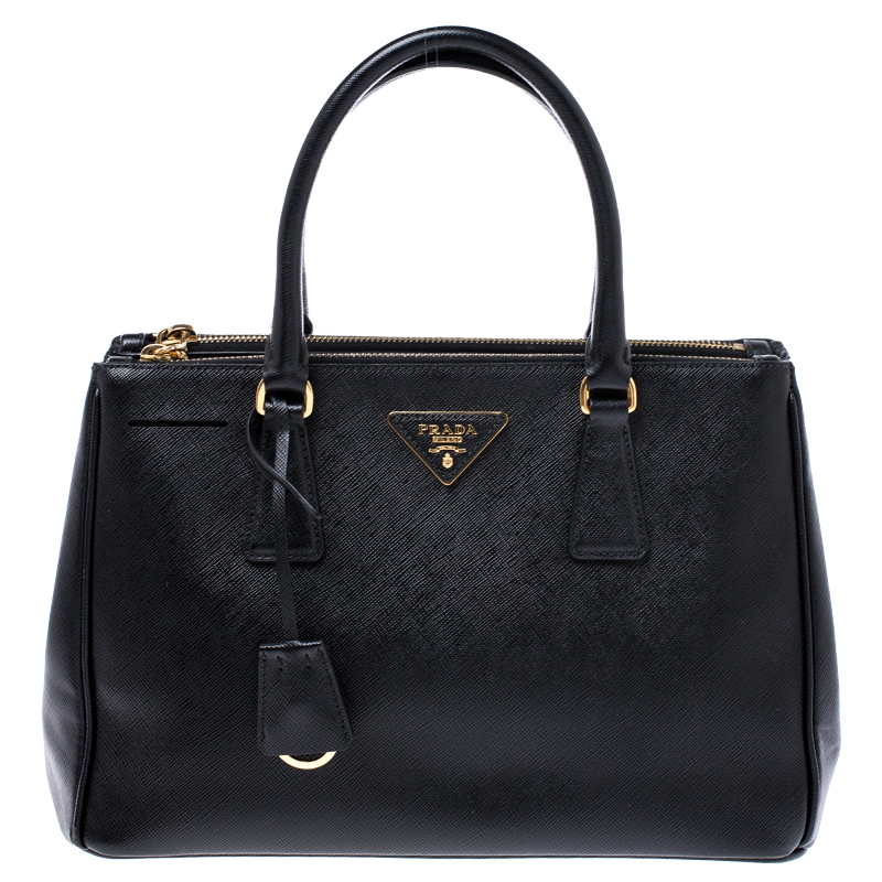 Pre Owned Prada Black Saffiano Lux Leather Small Double Zip Tote