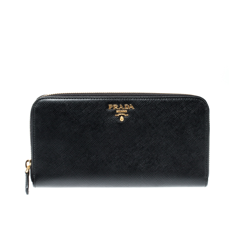 Pre Owned Prada Black Saffiano Leather Zip Around Wallet
