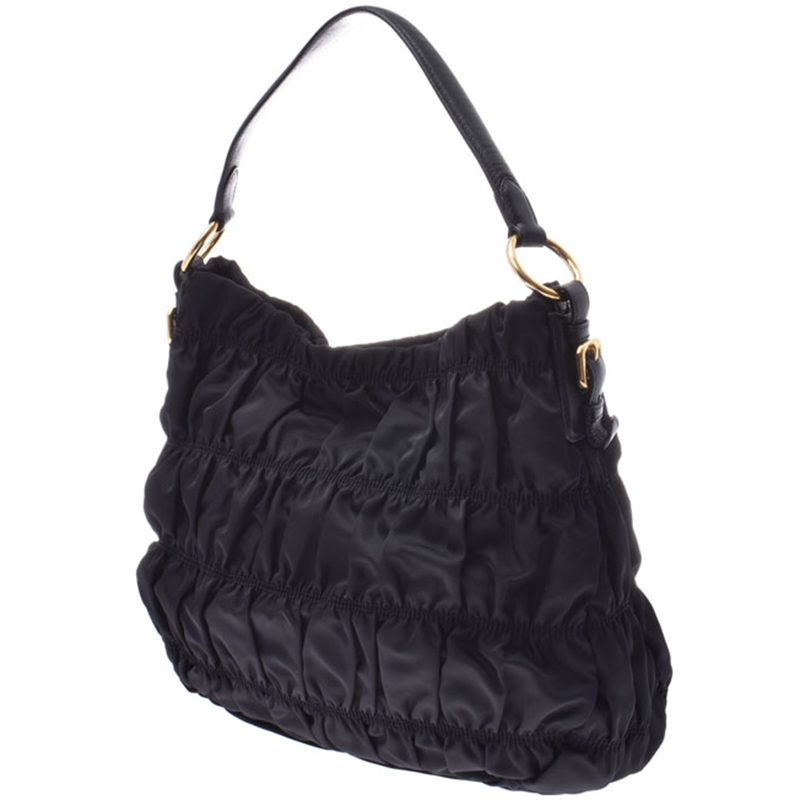 

Prada Black Nylon Leather Gathered Shoulder Bag