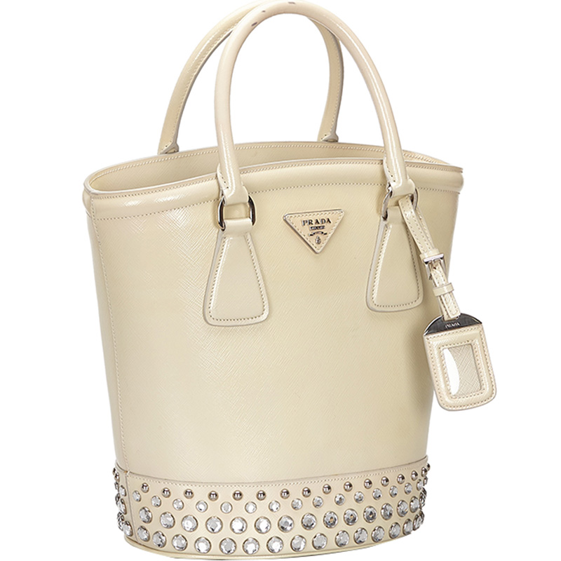 

Prada White Saffiano Leather Vernice Crystal Satchel