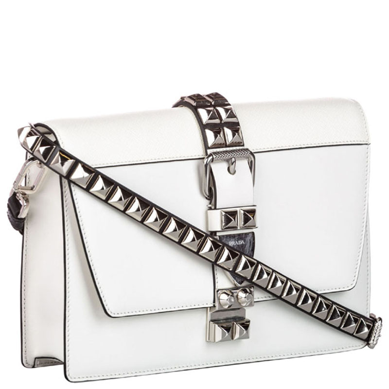 

Prada White Leather Studded Elektra Bag