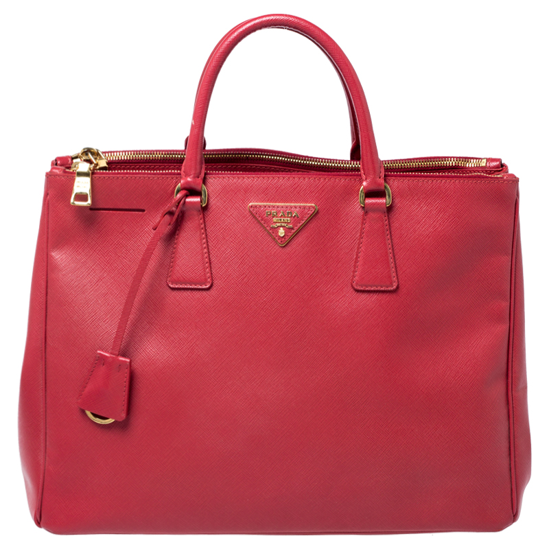 Pre Owned Prada Red Saffiano Lux Leather Large Double Zip Tote