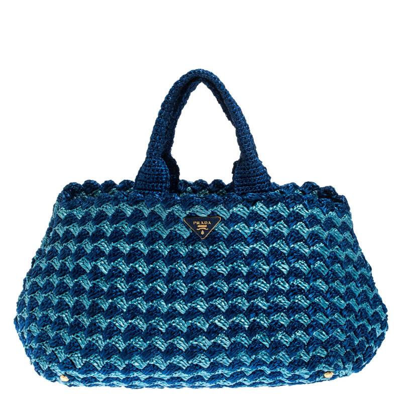 Pre Owned Prada Blue/Turquoise Raffia Crochette Shopper Tote