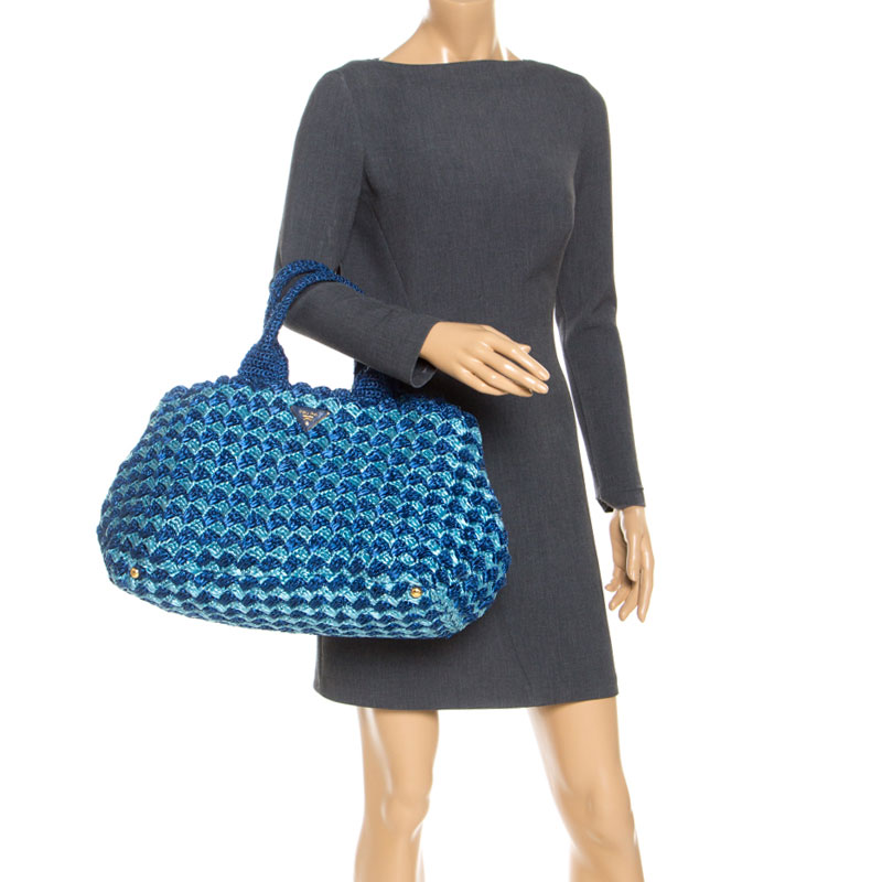 

Prada Blue/Turquoise Raffia Crochette Shopper Tote