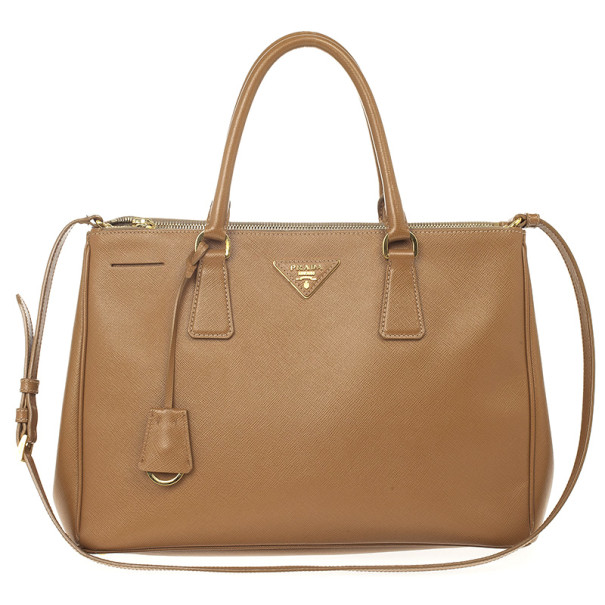 Pre Owned Prada Brown Saffiano Lux Leather Double Zip Medium Tote