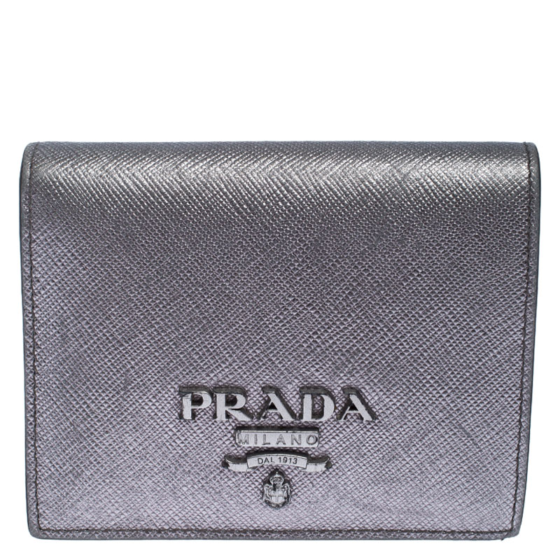 Pre Owned Prada Metallic Grey Saffiano Leather Compact Wallet