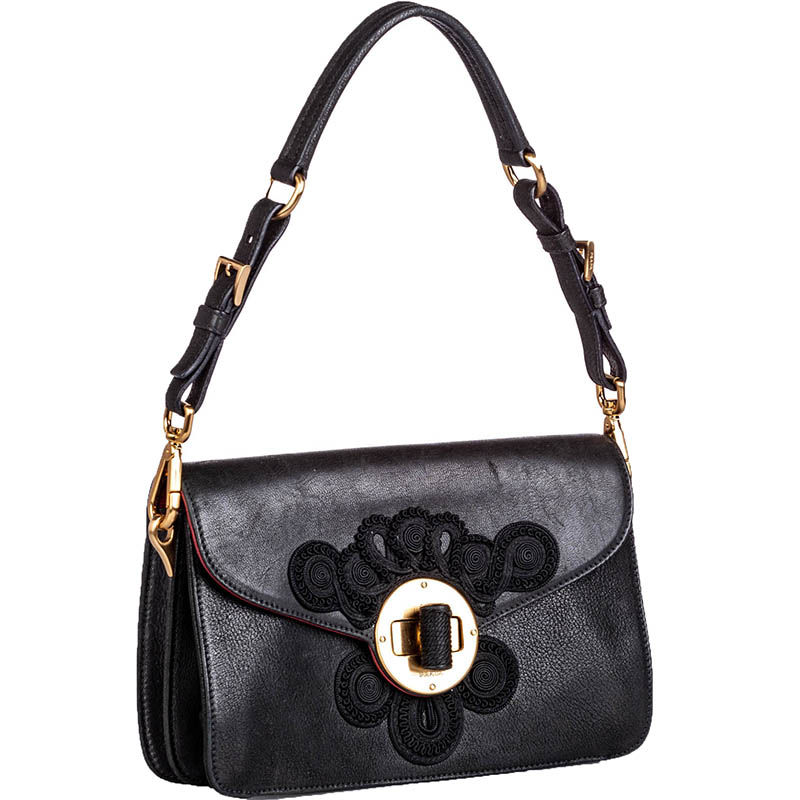 

Prada Black Embroidered Leather Shoulder Bag