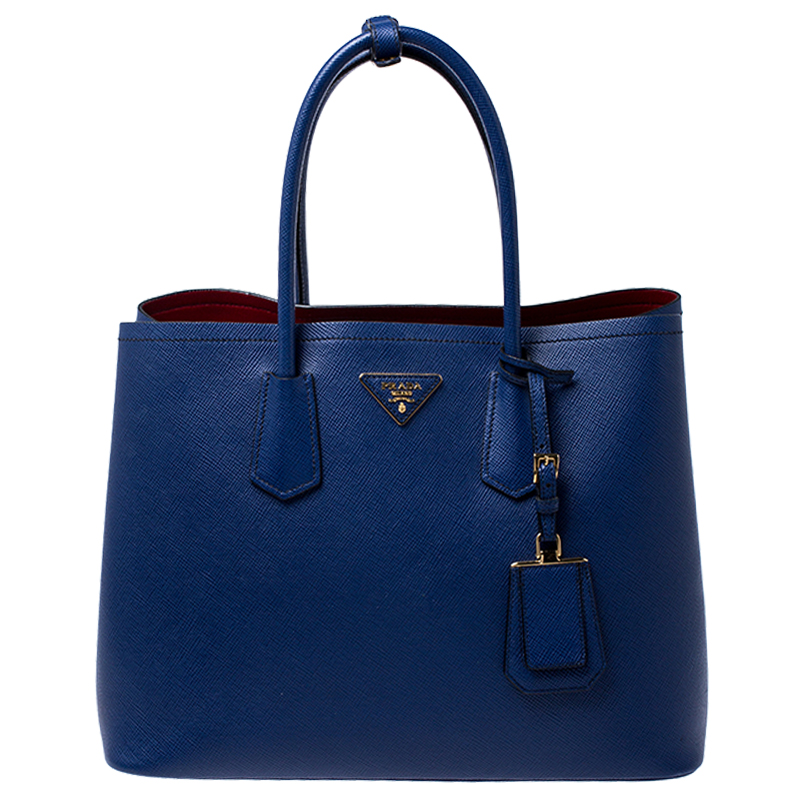 Prada Blue Saffiano Cuir Leather Double Handle Tote
