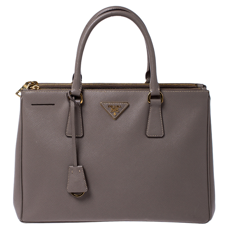 Pre Owned Prada Beige Saffiano Lux Leather Medium Double Zip Tote