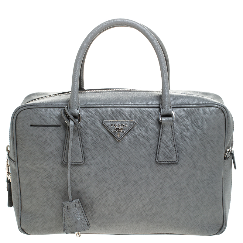 Prada Grey Leather Saffiano Leather Bauletto Satchel 