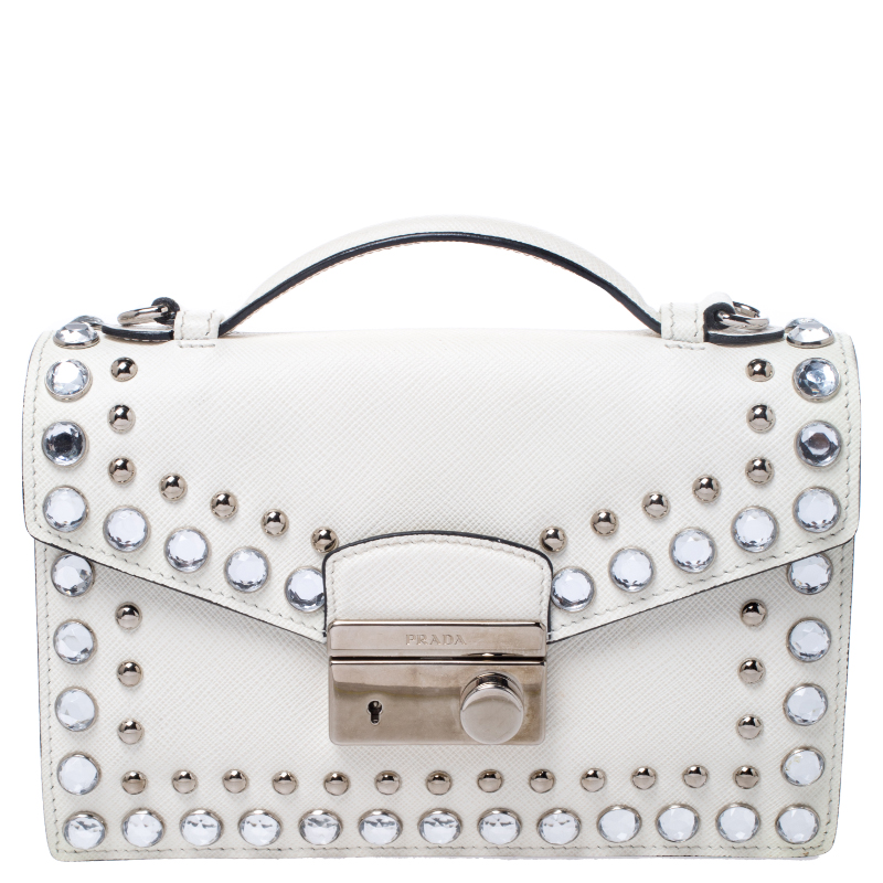 Prada Off White Studded Saffiano Leather Mini Sound Crossbody Bag White Studded Saffiano Leather