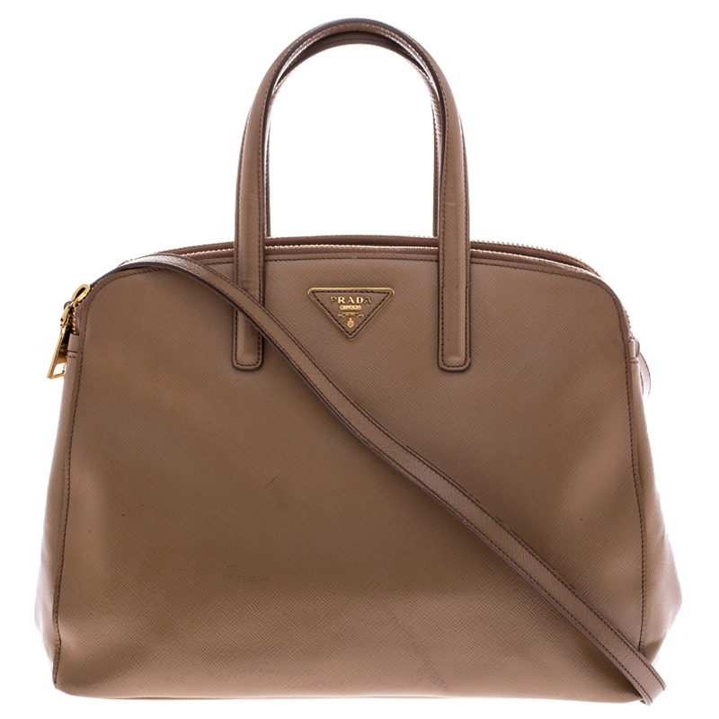 Pre Owned Prada Beige Saffiano Patent Leather Double Zip Spazzolato Tote 