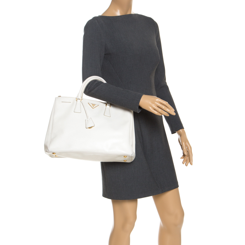 

Prada White Saffiano Lux Leather  Double Zip Tote