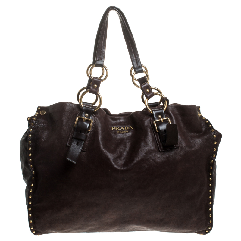 Pre Owned Prada Brown Nappa Leather Studded Antik Tote 