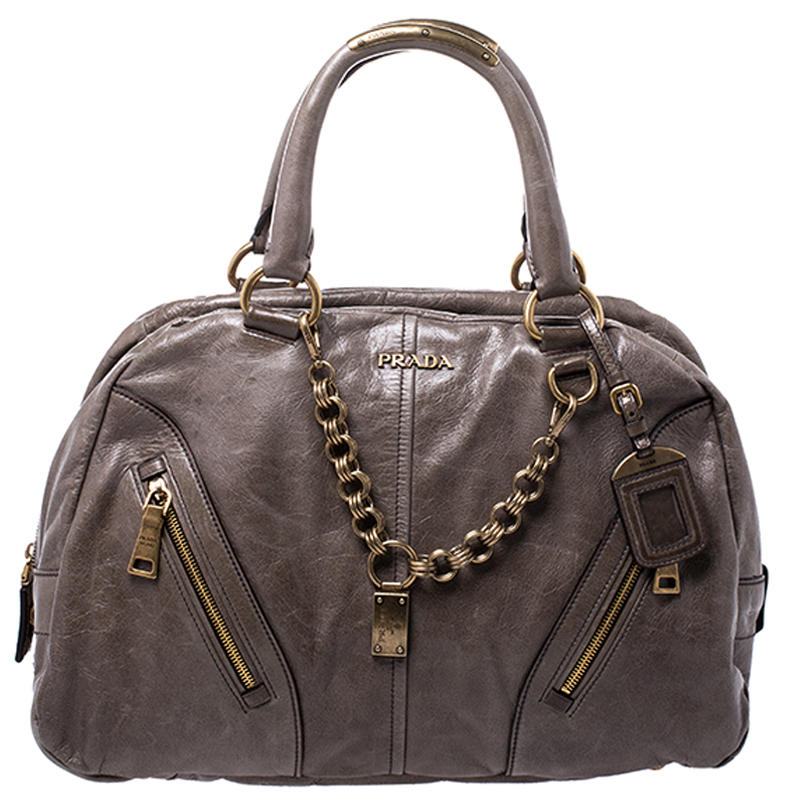 Prada Olive Green Leather Front Zip Boston Bag