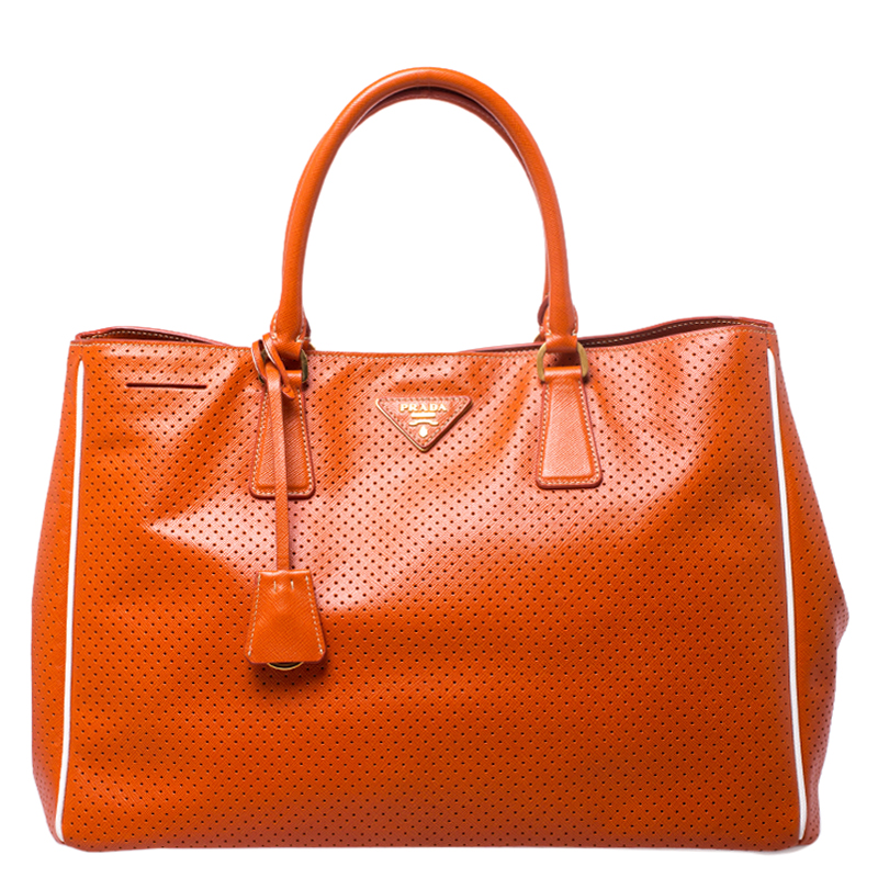 Pre Owned Prada Orange Perforated Saffiano Lux Leather Large Gardener's Tote