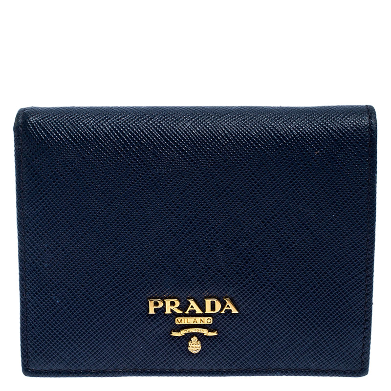 Pre Owned Prada Blue Saffiano Leather Compact Flap Wallet