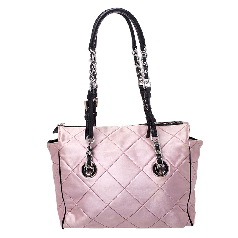 Prada Light Pink/Black Quilted Satin Chain Shoulder Bag
