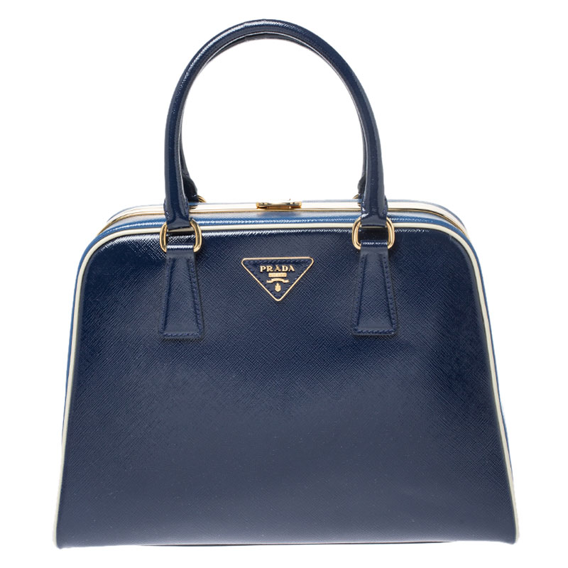 Pre Owned  Prada Navy Blue Saffiano Lux Patent Leather Frame Top Handle Bag 