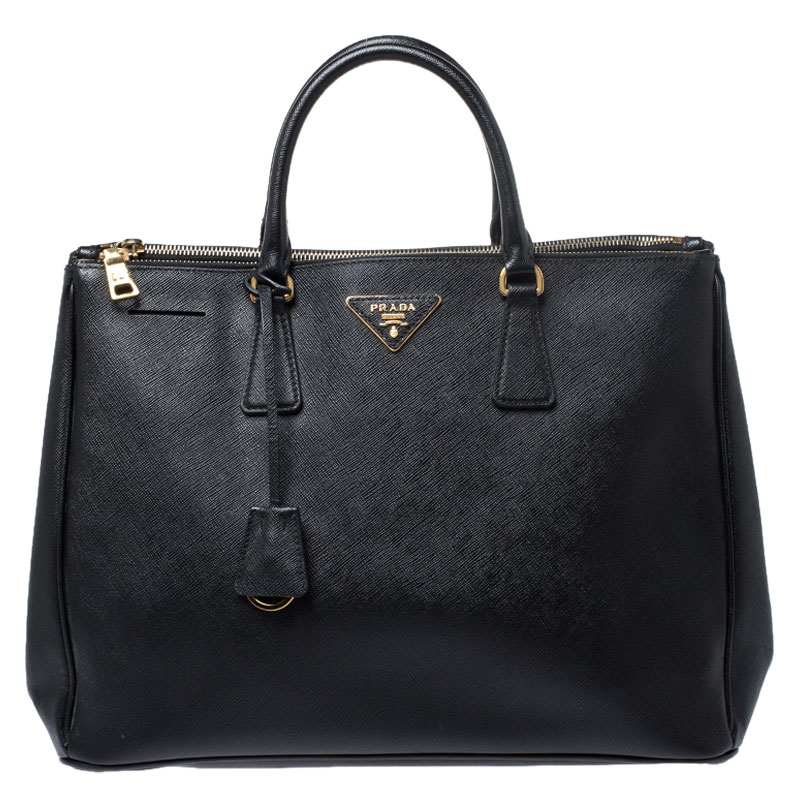 Pre Owned Prada Black Saffiano Lux Leather Large Double Zip Tote